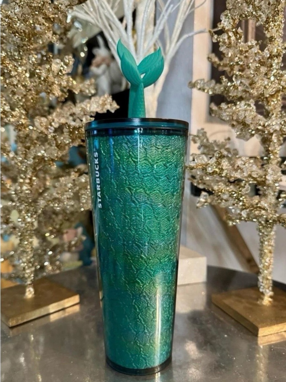 Starbucks Emerald Green Textured Travel Tumbler with Mermaid Tail Stirrer